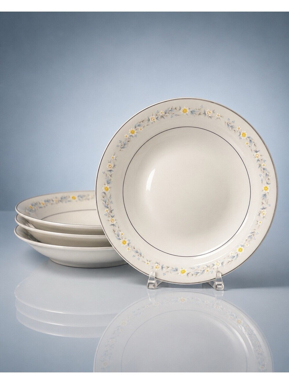 Towne House Japan 1960s 4 Coupe Soup Bowls Petit Point Fine China, 7.5x1.5”